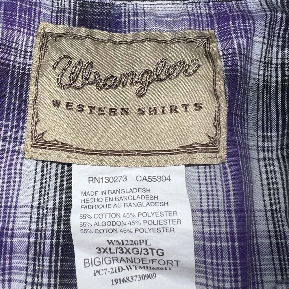 Wrangler Shirt Pearl Snap Buttons Purple Plaid 3XL Western Short Sleeve